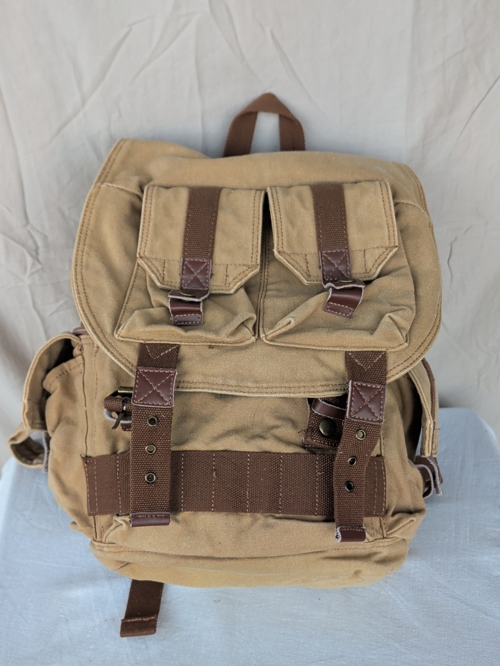 Durable Tan Canvas Backpack with Brown Trim Hiking Camping Outdoor Activities
